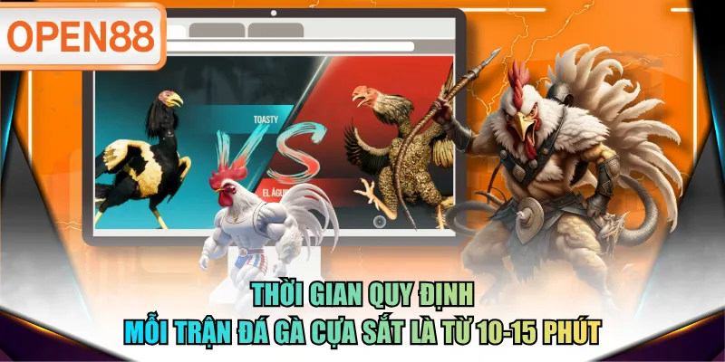 Thời gian quy định mỗi trận đá gà cựa sắt là từ 10-15 phút Thời gian quy định mỗi trận đá gà cựa sắt là từ 10-15 phút